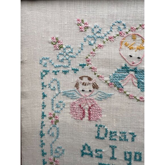 Vtg Framed Cross Stitch Prayer Embroidery Bedtime Prayer Nursery Angel - Picture 7 of 12